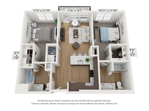 Floor plan for 2 beds, 2 baths, 917 sqft